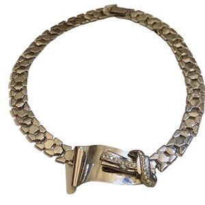 Vintage Rhinestone Bow Silver Hexagonal Link Necklace